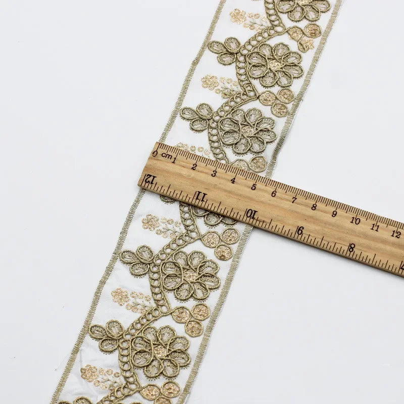 1 Yards Ethnic Gold Thread Sequins African Lace Trims  Ribbon DIY Sewing Dress Decoration Embroidered Fabric