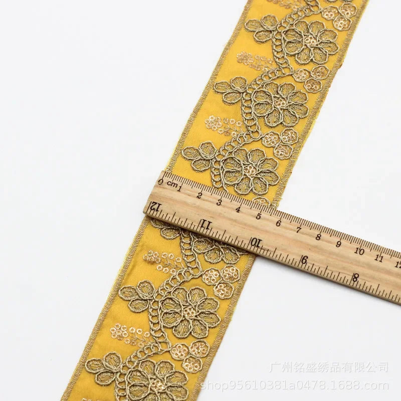 1 Yards Ethnic Gold Thread Sequins African Lace Trims  Ribbon DIY Sewing Dress Decoration Embroidered Fabric