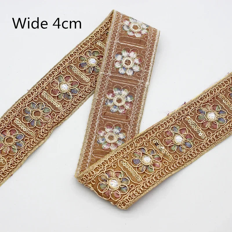 1 Yards Ethnic Gold Thread Sequins African Lace Trims  Ribbon DIY Sewing Dress Decoration Embroidered Fabric