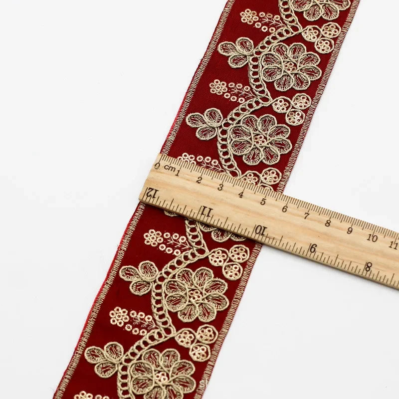 1 Yards Ethnic Gold Thread Sequins African Lace Trims  Ribbon DIY Sewing Dress Decoration Embroidered Fabric