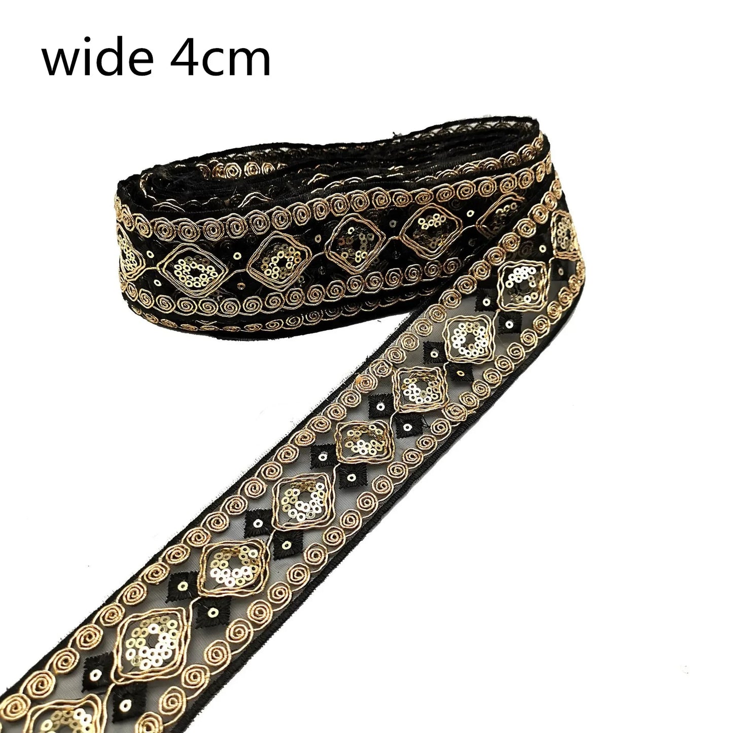 1 Yards Ethnic Gold Thread Sequins African Lace Trims  Ribbon DIY Sewing Dress Decoration Embroidered Fabric