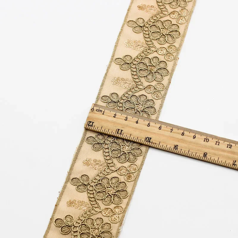 1 Yards Ethnic Gold Thread Sequins African Lace Trims  Ribbon DIY Sewing Dress Decoration Embroidered Fabric