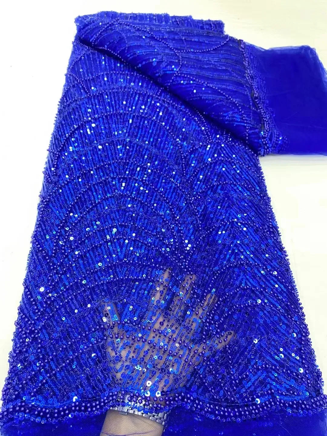 2024 Blue  Latest French Beaded Tulle Lace Fabric High Quality African Net Lace Fabrics With Sequins For Evening Dresses