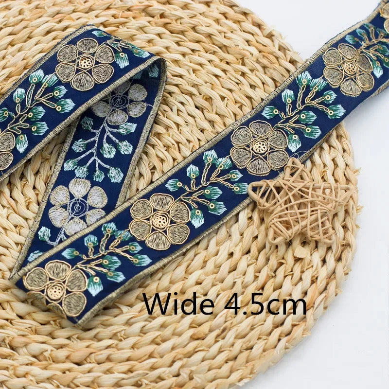 1 Yards Ethnic Gold Thread Sequins African Lace Trims  Ribbon DIY Sewing Dress Decoration Embroidered Fabric